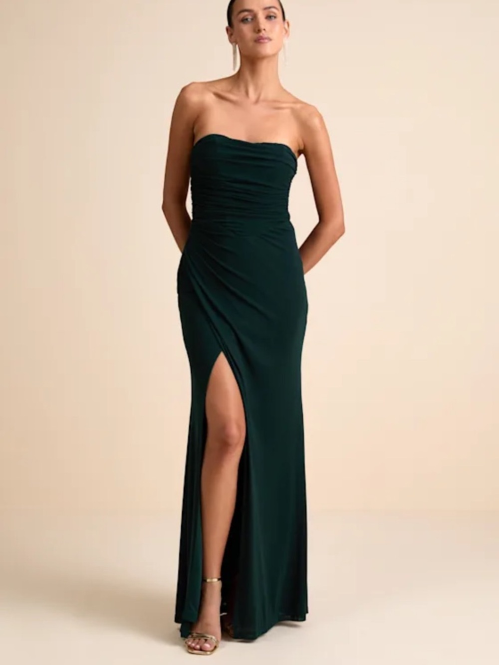 Lulu's Strapless Emerald Green Ruched Gown with Thigh Slit